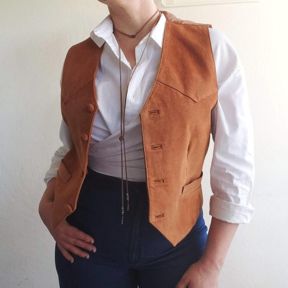 Vintage Jackets & Blazers - Vintage Suede Cognac Brown Western-Style Vest